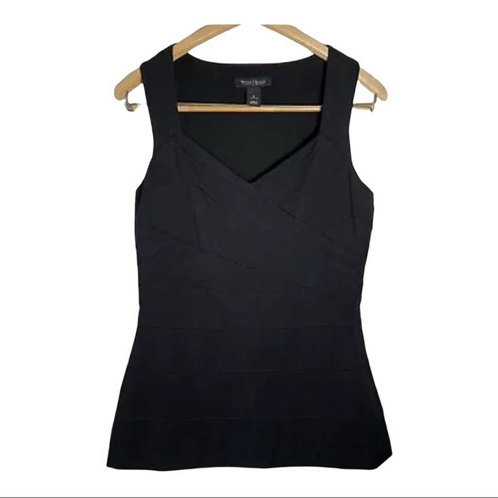 WHBM Sleeveless Black V Neck Tailored Ribbed Detail Lined Body Con Top Small